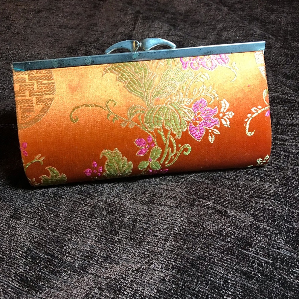 Vintage ladies eyeglass case silk brocade. Orange and Pink, Great Condition